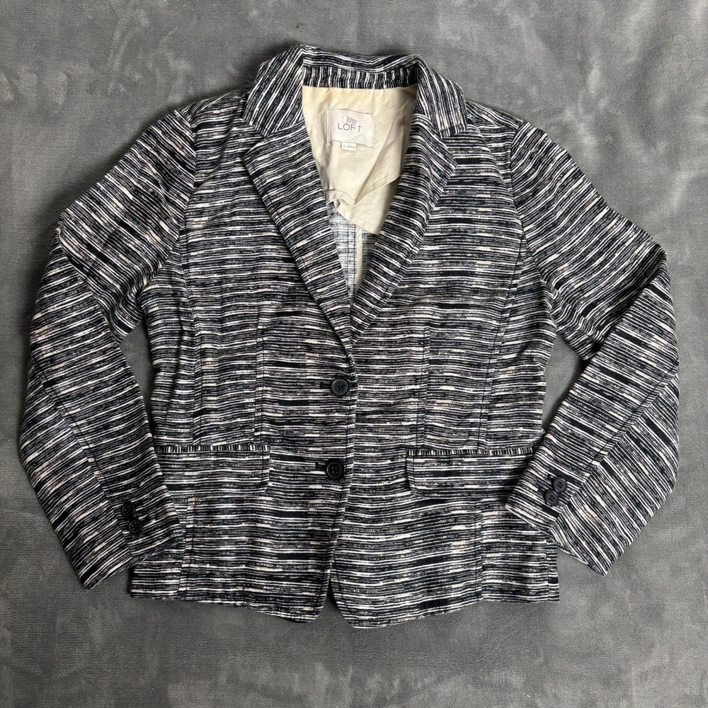 LOFT Women's Size 2 Linen Blazer Striped Textured Two Button Preppy Business